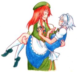 Rule 34 | 2girls, apron, beret, blue eyes, blush, braid, breasts, carrying, chinese clothes, embodiment of scarlet devil, female focus, hat, hong meiling, izayoi sakuya, large breasts, long hair, looking at another, maid, maid apron, maid headdress, mary janes, medium breasts, multiple girls, princess carry, red hair, shoes, short hair, silver hair, simple background, smile, star (symbol), terrajin, touhou, traditional media, twin braids, waist apron, white background, white legwear, yuri
