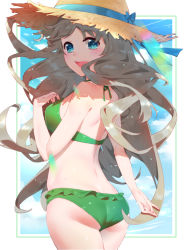Rule 34 | 10s, 1girl, ass, bikini, blue eyes, blue sky, brown hair, cloud, cowboy shot, darling in the franxx, day, frilled bikini, frills, from behind, green bikini, hat, highres, kokoro (darling in the franxx), long hair, looking at viewer, looking back, outdoors, sky, solo, standing, straw hat, sun hat, swimsuit, waterring