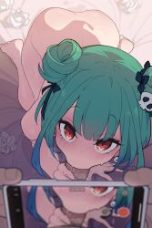 Rule 34 | 1boy, 1girl, :&gt;=, ass, blush, bottomless, breasts, cellphone, double bun, earrings, erection, fellatio, green hair, hair bun, hair ornament, hair ribbon, hetero, highres, hololive, jewelry, kakure eria, kneeling, large breasts, looking at viewer, looking up, nude, oral, penis, phone, pov, recording, red eyes, ribbon, short hair, sidelocks, skull hair ornament, solo focus, sweat, thighs, uncensored, uruha rushia, used tissue, virtual youtuber