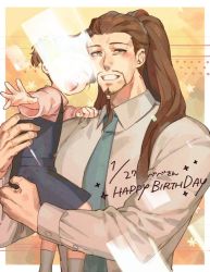 Rule 34 | 10s, 1boy, 1girl, blue necktie, brown hair, carrying, danganronpa (series), danganronpa 3 (anime), father and daughter, formal, great gozu, great gozu&#039;s daughter, happy birthday, image sample, kurome1127, lens flare, long hair, necktie, overall skirt, photo (object), ponytail, smile, suit, twintails, twitter sample, upper body