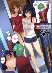 Rule 34 | ..., 1boy, 2girls, :o, adjusting hair, age difference, argyle, argyle clothes, argyle legwear, bad id, bad pixiv id, bare shoulders, batman (series), black hair, black legwear, blue shorts, brown hair, buttons, camisole, collared shirt, commentary, dc comics, door, doorbell, english commentary, english text, facepaint, formal, from behind, full body, green hair, green shirt, hand on own chin, height difference, hibike! euphonium, highres, joker (2019), kousaka reina, looking at another, multiple girls, navel, open clothes, open shirt, oumae kumiko, patreon logo, patreon username, purple eyes, red shirt, red suit, shirt, short shorts, shorts, smile, speech bubble, spoken ellipsis, stomach, strap slip, suit, sydus, the joker, trick or treat, watermark, web address, yellow eyes, yellow shorts