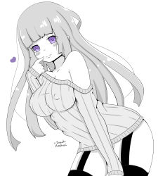 Rule 34 | 1girl, artist name, bare shoulders, bent over, blush, breasts, commission, covered erect nipples, fuwa aika, garter belt, hand on own cheek, hand on own face, heart, highres, large breasts, long hair, long sleeves, looking at viewer, purple eyes, sad kohai, smile, solo, sweater, twitter username, zetsuen no tempest