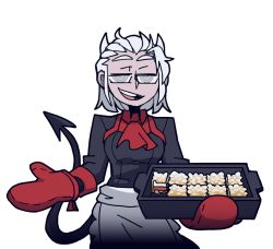 Rule 34 | 1girl, apple pie, apron, ascot, baking sheet, black jacket, black pants, blind, breasts, collared shirt, cowboy shot, demon girl, demon tail, dessert, empty eyes, female focus, food, formal, frilled apron, frills, grey eyes, half-closed eyes, hands up, happy, helltaker, holding, horns, jacket, jitome, justice (helltaker), looking at viewer, medium breasts, mittens, official art, open mouth, pants, red ascot, red mittens, red shirt, shirt, short hair, sidelocks, simple background, smile, solo, standing, straight-on, suit, tail, teeth, transparent background, vanripper, waist apron, white apron, white hair