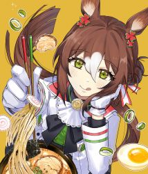 Rule 34 | 1girl, absurdres, animal ears, blush, bowl, chopsticks, commentary request, fine motion (umamusume), folded ponytail, food, gloves, green background, green eyes, highres, horse ears, horse girl, noodles, ramen, shidare (youh4016), simple background, smile, solo, tongue, tongue out, umamusume, white gloves