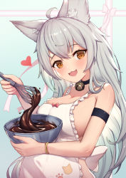 Rule 34 | 1girl, :3, ahoge, alternate costume, animal ears, animal print, apron, armband, bell, blush, bowl, breasts, cat ears, cat print, chocolate, cleavage, collar, crossed bangs, erune, fang, frilled apron, frills, gift wrapping, granblue fantasy, grey hair, hair between eyes, heart, highres, large breasts, long hair, looking at viewer, mixing bowl, naked apron, neck bell, open mouth, orange eyes, sen (granblue fantasy), sideboob, sideless outfit, slit pupils, smile, solo, uneg, upper body, whisk