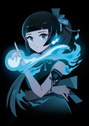 Rule 34 | 1girl, appi, black background, black hair, blue fire, blue nails, blue theme, blunt bangs, dark, earrings, expressionless, fire, fire, highres, jewelry, long hair, looking at viewer, nail polish, original, ponytail, shadow, sidelocks, sleeveless, solo, upper body