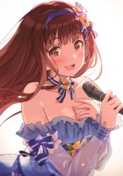 Rule 34 | 1girl, bare shoulders, blunt bangs, blush, breasts, brown eyes, brown hair, character request, cleavage, collarbone, copyright request, hairband, highres, holding, holding microphone, large breasts, lips, long hair, long sleeves, looking at viewer, microphone, narumi nanami, open mouth, smile, solo