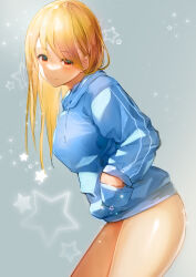 Rule 34 | 1girl, absurdres, blonde hair, blue hoodie, closed mouth, commentary request, eyes visible through hair, from side, grey background, hand in pocket, highres, hood, hood down, hoodie, leaning forward, long hair, long sleeves, looking at viewer, looking to the side, no pants, original, smile, solo, standing, star (symbol), straight hair, yomogi mametaro