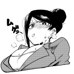 Rule 34 | 1girl, :t, bijin onna joushi takizawa-san, black hair, blush, breasts, cleavage, earrings, formal, greyscale, hair bun, jewelry, large breasts, looking at viewer, looking down, mole, mole under mouth, monochrome, necklace, office lady, pout, simple background, single hair bun, solo, suit, sweat, takizawa kyouko, tearing up, upper body, white background, yan-baru