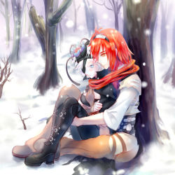 Rule 34 | 10s, 1boy, 1girl, adlet myer, ambermaster, black thighhighs, blue eyes, boots, eyepatch, flamie speeddraw, forest, hetero, hug, nature, orange eyes, outdoors, red hair, rokka no yuusha, scarf, shared clothes, shared scarf, short hair, silver hair, sitting, snow, thigh boots, thighhighs