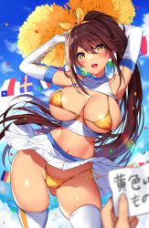 Rule 34 | 1girl, bare shoulders, bikini, blue sky, blush, breastless clothes, breasts, brown hair, cheerleader, cleavage, confetti, day, elbow gloves, gloves, hair between eyes, hair ribbon, highres, large breasts, long hair, looking at viewer, mataro (matarou), miniskirt, navel, open mouth, original, pleated skirt, pom pom (cheerleading), ribbon, skirt, sky, swimsuit, thighhighs, thighs, very long hair, white gloves, white skirt, white thighhighs, yellow bikini, yellow eyes, yellow ribbon