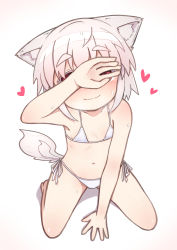 Rule 34 | 1girl, absurdres, animal ear fluff, animal ears, arm up, bare arms, bare legs, bare shoulders, barefoot, bikini, blush, closed mouth, collarbone, covering own eyes, heart, heavy breathing, highres, inubashiri momiji, kibisake, kneeling, looking at viewer, micro bikini, navel, nose blush, red eyes, ribs, shadow, side-tie bikini bottom, silver hair, smile, solo, sweat, swimsuit, tail, thick eyebrows, touhou, white background, white bikini, wolf ears, wolf girl, wolf tail