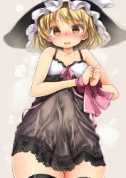 Rule 34 | 1girl, babydoll, bare arms, bdsm, beige background, belly, black hat, black thighhighs, blonde hair, blush, bondage, bound, bound wrists, bow, chikado, collarbone, commentary request, cowboy shot, ear blush, hat, hat bow, hidden star in four seasons, kirisame marisa, lingerie, looking at viewer, pink ribbon, ribbon, simple background, solo, sweat, tears, thick thighs, thighhighs, thighs, touhou, underwear, wet, wet clothes, white bow, wide hips, witch hat, yellow eyes