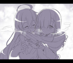 Rule 34 | 2girls, ahoge, blush, breath, closed eyes, fang, full-face blush, greyscale, hair over one eye, happy, kounosu satori, letterboxed, long hair, monochrome, multiple girls, original, purple theme, scarf, shared clothes, shared scarf, sketch, sleeves past wrists, sweater, yuri