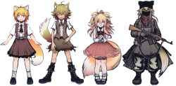 Rule 34 | 4girls, ahoge, ak-47, alternate costume, animal ear fluff, animal ears, assault rifle, asymmetrical hair, black footwear, black necktie, blonde hair, boots, brown coat, brown gloves, brown skirt, brown vest, closed mouth, coat, collared shirt, commentary request, cookie (touhou), fang, fingernails, floppy ears, fox ears, fox girl, fox tail, full body, gloves, green pants, grin, gun, hair between eyes, highres, holding, holding gun, holding weapon, kalashnikov rifle, khn (kihana), long sleeves, looking at viewer, mary janes, mask, medium hair, miramikaru riran, mouth mask, multiple girls, multiple persona, necktie, open mouth, pants, pink eyes, pouch, red eyes, red scarf, rifle, scarf, sharp fingernails, shirt, shoes, short sleeves, sidelocks, simple background, skirt, smile, socks, standing, tail, thick eyebrows, trigger discipline, vest, weapon, white background, white legwear, white shirt