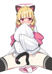 Rule 34 | 1girl, animal ear headphones, animal ears, black thighhighs, blonde hair, blue archive, blunt bangs, blush, bow, cat ear headphones, cat tail, commentary request, covering own mouth, fake animal ears, hair bow, halo, headphones, highres, jacket, long sleeves, looking at viewer, low-tied sidelocks, momoi (blue archive), no panties, panties, pink bow, pink eyes, pink halo, pink panties, pussy juice, pussy juice stain, shirt, short hair, simple background, sitting, sleeves past fingers, sleeves past wrists, solo, spread legs, stained panties, tail, tail censor, teruisi, thighhighs, underwear, unworn panties, white background, white jacket, white shirt, wide sleeves