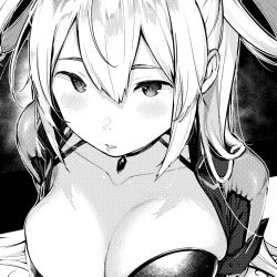 Rule 34 | 1girl, bad id, bad twitter id, blush, bra, breasts, choker, copyright request, fuyuno kamome, greyscale, hair between eyes, highres, jewelry, large breasts, looking at viewer, monochrome, necklace, parted lips, short sleeves, solo, twintails, underwear, upper body