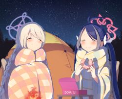 Rule 34 | 2girls, ^ ^, bitseon, black hair, blue archive, braid, camp, campfire, camping, camping chair, closed eyes, commentary request, covering with blanket, doughnut, eating, food, fubuki (blue archive), hair between eyes, hair ribbon, halo, highres, holding, holding food, kirino (blue archive), long hair, looking at another, low twin braids, low twintails, multicolored hair, multiple girls, night, night sky, parody, ribbon, sidelocks, sky, smile, star (sky), starry sky, streaked hair, table, twin braids, twintails, white hair, yurucamp