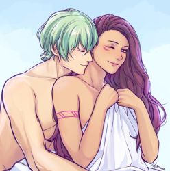 Rule 34 | 1boy, 1girl, adelnath, bed sheet, blue background, braid, brown eyes, byleth (fire emblem), byleth (male) (fire emblem), closed eyes, couple, covering breasts, covering privates, cuddling, facial mark, fire emblem, fire emblem: three houses, green hair, hair down, highres, jewelry, long hair, nintendo, one eye closed, petra macneary, ponytail, purple hair, short hair, signature, simple background, smile, tattoo, topless, upper body