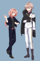 Rule 34 | 1boy, 2boys, ahoge, astolfo (fate), belt, black footwear, black gloves, black pants, black shirt, blue background, boots, braid, brown hair, cape, commentary, fang, fate/apocrypha, fate/grand order, fate (series), fokwolf, formal, full body, gloves, highres, long braid, long hair, long sleeves, looking at viewer, male focus, multicolored hair, multiple boys, necktie, one eye closed, pants, pink eyes, pink hair, red eyes, shirt, shoes, short hair, sieg (fate), single braid, suit, trap, two-tone hair, very long hair, waistcoat, white pants, white shirt