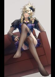 Rule 34 | 1boy, absurdres, blonde hair, blue eyes, bow, braid, cloud strife, couch, crossdressing, crossed legs, dress, final fantasy, final fantasy vii, final fantasy vii remake, fishnet thighhighs, fishnets, frilled sleeves, frills, garter straps, hair bow, head tilt, highres, jewelry, messa mo, necklace, official alternate costume, official alternate hairstyle, purple dress, solo, spiked hair, thighhighs, trap, twin braids, two-tone dress