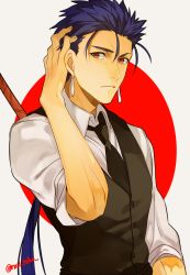 Rule 34 | 1boy, 2f sq, black jacket, black necktie, blue eyes, closed mouth, cu chulainn (fate), cu chulainn (fate/stay night), earrings, fate/stay night, fate (series), gae bolg (fate), hair between eyes, hand in own hair, jacket, japanese flag, jewelry, long hair, looking at viewer, male focus, necktie, pointy hair, polearm, ponytail, red eyes, shirt, sleeveless, sleeveless jacket, slit pupils, solo, spear, upper body, very long hair, weapon, white shirt