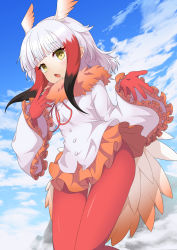 Rule 34 | 1girl, bird tail, black hair, blunt bangs, cloud, commentary, english commentary, flying, fur collar, gloves, head wings, highres, japanese crested ibis (kemono friends), kemono friends, long hair, long sleeves, multicolored hair, nyaseiru, open mouth, pantyhose, pleated skirt, red hair, red pantyhose, shirt, sidelocks, skirt, sky, solo, tail, white hair, wings, yellow eyes