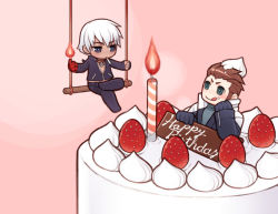 Rule 34 | 2boys, blue eyes, blush, brown hair, cake, cigarette, cream, fire, folks (nabokof), food, fruit, gloves, green eyes, happy birthday, jewelry, k&#039; (kof), licking, maxima, multiple boys, necklace, open clothes, open shirt, shirt, short hair, snk, strawberry, the king of fighters, white hair
