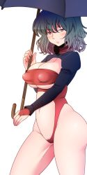 Rule 34 | 1girl, absurdres, alternate costume, amazon (taitaitaira), blush, bodysuit, breasts, cameltoe, cleavage, cleft of venus, covered erect nipples, female pubic hair, grey hair, highres, kazami yuuka, large breasts, leotard, long sleeves, navel, pubic hair, puffy nipples, purple eyes, race queen, red leotard, revealing clothes, simple background, slit pupils, solo, touhou, umbrella, white background