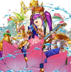 Rule 34 | 1girl, aqua eyes, bad id, bad pixiv id, bird, bracelet, crown, elephant, emmmerald, flower, instrument, jewelry, lakshmi (p&amp;d), long hair, lots of jewelry, lotus, open mouth, purple hair, puzzle &amp; dragons, sitar, smile, solo, twintails