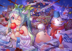Rule 34 | 1girl, ahoge, anal tail, aqua eyes, aqua hair, artist name, ass, bell, breasts, bucket, butt crack, butt plug, candy, carrot, christmas, christmas tree, cleavage, collar, condom, fake tail, flower, food, gift, hatsune miku, highres, jingle bell, licking, lollipop, long hair, lying, merry christmas, mirrorks, neck bell, on stomach, one eye closed, panties, rabbit, sex toy, snow rabbit, snowdrop (flower), snowflakes, snowman, striped clothes, striped panties, swirl lollipop, tail, tally, tongue, twintails, underwear, vibrator, vocaloid, yuki miku, yukine (vocaloid)