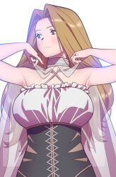 Rule 34 | 1girl, adjusting clothes, andrian januar adilia, armpits, black corset, black eyes, breasts, closed mouth, coat, collarbone, commentary, corset, english commentary, forehead, frilled shirt, frills, highres, large breasts, long hair, looking to the side, methode (sousou no frieren), mixed-language commentary, parted bangs, see-through, see-through coat, shirt, solo, sousou no frieren, standing, underbust, upper body, white background, white shirt