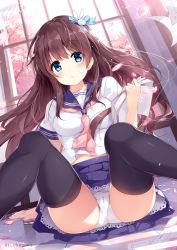 Rule 34 | 1girl, arm support, ass, black thighhighs, blue eyes, blue ribbon, blue skirt, blush, breasts, brown hair, cameltoe, cherry blossoms, commentary request, dutch angle, feet out of frame, hair between eyes, hair ornament, hair ribbon, hand up, holding, holding paper, indoors, long hair, looking at viewer, medium breasts, midriff peek, miniskirt, miyase mahiro, neckerchief, original, panties, pantyshot, paper, parted lips, petals, petticoat, pink neckerchief, pleated skirt, rabbit hair ornament, ribbon, sailor collar, school uniform, serafuku, short hair, sitting, skirt, solo, thighhighs, thighs, tree, underwear, white panties, window