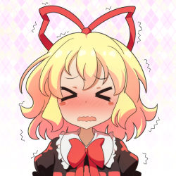 Rule 34 | &gt; &lt;, 1girl, ^^^, blonde hair, blush, bow, bowtie, cato (monocatienus), commentary request, facing viewer, frilled shirt collar, frills, hair ribbon, medicine melancholy, nose blush, open mouth, portrait, puffy sleeves, red bow, red bowtie, red ribbon, ribbon, short hair, simple background, solo, tearing up, touhou, trembling, wavy mouth