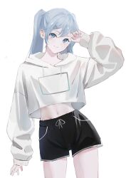 Rule 34 | 1girl, alternate costume, black shorts, blue eyes, blue hair, blue nails, closed mouth, cowboy shot, cropped hoodie, drawstring, fingernails, hair between eyes, hair ornament, hairclip, hand up, hatsune miku, highres, hood, hoodie, light smile, long hair, looking at viewer, midriff, nail polish, navel, potetoneko, shorts, simple background, sleeves past wrists, smile, solo, split mouth, twintails, vocaloid, white background, white hoodie