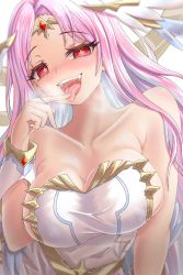 Rule 34 | + +, 1girl, archangel gabriel (guardian tales), bare shoulders, blush, breasts, circlet, cleavage, close-up, finger to tongue, guardian tales, highres, large breasts, long hair, looking at viewer, no bra, open mouth, pink hair, red eyes, saliva, tongue, tongue out, udon frozen, upper body