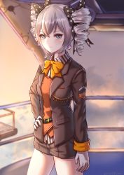 Rule 34 | 1girl, absurdres, black bow, blue eyes, blush, bow, bronya zaychik, bronya zaychik (wolf&#039;s dawn), brown jacket, brown shorts, closed mouth, cloud, cowboy shot, drill hair, earrings, expressionless, gloves, hair between eyes, hair bow, hand on own hip, highres, honkai (series), honkai impact 3rd, jacket, jewelry, long sleeves, looking at viewer, military jacket, open clothes, open jacket, outdoors, polka dot, polka dot bow, short hair, short shorts, shorts, silver hair, solo, twin drills, twintails, white gloves, yami anko