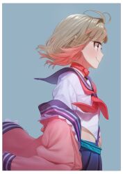 Rule 34 | 1girl, belt, belt collar, blonde hair, blue sailor collar, collar, colored inner hair, commentary, fang, fang out, from side, grey background, highres, jacket, long sleeves, makaino ririmu, makaino ririmu (4th costume), multicolored hair, neckerchief, nijisanji, off shoulder, pink hair, pink jacket, pleated skirt, pointy ears, profile, red collar, red eyes, red neckerchief, sabamen, sailor collar, school uniform, serafuku, short hair, simple background, skin fang, skirt, smile, solo, two-tone hair, virtual youtuber