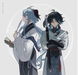 Rule 34 | 1boy, 1girl, ahoge, alternate costume, black hair, blue hair, closed mouth, crossed arms, facial mark, forehead mark, ganyu (genshin impact), genshin impact, hair between eyes, highres, holding, holding quill, horns, japanese clothes, long hair, long sleeves, multicolored hair, quill, simple background, tassel, vidoakdame, wide sleeves, xiao (genshin impact), yellow eyes