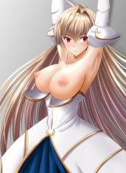 Rule 34 | 1girl, archetype earth, arcueid brunestud, arms up, blonde hair, breasts, cleavage, closed mouth, cowboy shot, detached sleeves, dress, frown, grey background, hair intakes, highres, large breasts, long hair, looking at viewer, melty blood, nipples, red eyes, solo, standing, strapless, tsukihime, white dress, yuuk33