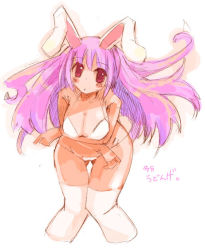 Rule 34 | 1girl, animal ears, bent over, bikini, breasts, cleavage, female focus, hip focus, large breasts, long hair, momiji mao, pink hair, purple hair, rabbit ears, red eyes, reisen udongein inaba, simple background, solo, swimsuit, thighhighs, touhou, white background, white bikini, wide hips