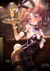 Rule 34 | 1girl, animal ears, armband, armpits, bar (place), bare shoulders, black bow, black bowtie, black leotard, blush, bottle, bow, bowtie, breasts, brown hair, cocktail, collar, commentary, contrapposto, covered navel, cowboy shot, detached collar, dot nose, drinking straw, emblem, english text, fake animal ears, fake tail, female focus, fishnets, gekota, groin, hair bow, hands up, highres, holding, holding sign, holding tray, indoors, leotard, light, long hair, looking at viewer, needle, pantyhose, parted bangs, parted lips, playboy bunny, rabbit ears, rabbit tail, red bow, red eyes, shelf, shirai kuroko, sign, signature, small breasts, smile, solo, strap lift, strapless, strapless leotard, tail, teeth, thigh strap, thighs, throwing needles, toaru kagaku no railgun, toaru majutsu no index, tray, twintails, wavy hair, white collar, wine bottle, wooden wall, wrist cuffs, yonabe