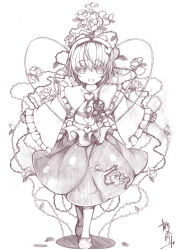 Rule 34 | 1girl, eyelashes, female focus, flower, frilled sleeves, frills, full body, graphite (medium), hairband, heart, highres, jitome, kantarou (nurumayutei), komeiji satori, looking at viewer, monochrome, open mouth, outstretched arms, rose, short hair, skirt, slippers, smile, solo, spread arms, standing, third eye, thorns, touhou, traditional media, wire