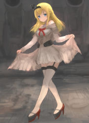 Rule 34 | 10s, 1girl, blonde hair, blue eyes, braid, crown, curtsey, dress, flower, french braid, full body, garter straps, ifpark (ifpark.com), jewelry, kantai collection, leaning forward, long hair, long sleeves, looking at viewer, mini crown, necklace, off-shoulder dress, off shoulder, platform footwear, red flower, red ribbon, red rose, ribbon, rose, solo, standing, thighhighs, warspite (kancolle), white dress, white thighhighs
