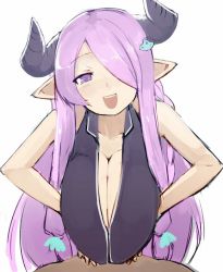 Rule 34 | 10s, 1boy, 1girl, bent over, braid, breasts squeezed together, breasts, cleavage, cow girl, cow horns, draph, granblue fantasy, hair ornament, hair over one eye, hairclip, hetero, highres, horns, huge breasts, sagging breasts, long hair, looking at viewer, narmaya (granblue fantasy), open mouth, paizuri, pen (pen3), pink hair, pointy ears, pov, purple eyes, purple hair, simple background, solo focus, white background