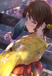 Rule 34 | 1girl, blush, bridge, brown eyes, brown hair, fireworks, floral print, flower, hair flower, hair ornament, hand fan, hand up, happy birthday, hibike! euphonium, highres, holding, holding fan, japanese clothes, kimono, kuziaaizuk, long sleeves, looking at viewer, looking back, oumae kumiko, outdoors, paper fan, parted lips, railing, reflection, river, short hair, solo, standing, water, yellow kimono