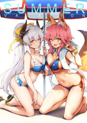 Rule 34 | 2girls, animal ears, bare arms, bare legs, barefoot, beach umbrella, bikini, blue bikini, bow, breast press, breasts, cleavage, closed mouth, fate/grand order, fate (series), fox ears, fox shadow puppet, fox tail, frilled bikini, frills, hair bow, haoni, horns, jewelry, kiyohime (fate), kiyohime (fate/grand order), kiyohime (swimsuit lancer) (fate), kiyohime (swimsuit lancer) (third ascension) (fate), kneeling, large breasts, long hair, looking at viewer, multiple girls, navel, necklace, one eye closed, open mouth, pink hair, ponytail, red eyes, side-tie bikini bottom, silver hair, simple background, stomach, swimsuit, tail, tamamo (fate), tamamo no mae (fate/extra), tamamo no mae (swimsuit lancer) (fate), tamamo no mae (swimsuit lancer) (third ascension) (fate), towel, umbrella, very long hair, white background, yellow bow, yellow eyes