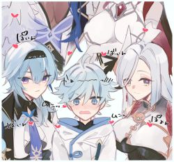 Rule 34 | 2boys, 3girls, age difference, ahoge, aunt and nephew, bare shoulders, black bodysuit, black hairband, black shirt, black skin, black veil, blue eyes, blue hair, blue necktie, blush, bodysuit, breast curtains, breasts, breasts day, child, chinese clothes, chongyun (genshin impact), collared shirt, colored skin, cropped torso, dark-skinned male, dark skin, detached sleeves, earrings, ears visible through hair, elbow gloves, eula (genshin impact), expressionless, eyebrows, eyelashes, feather trim, fur scarf, fur trim, genshin impact, gloves, good breasts day, grey eyes, habit, hair between eyes, hair ornament, hair over one eye, hair over shoulder, hairband, highres, jacket, jewelry, kaeya (genshin impact), large breasts, leotard, long hair, medium breasts, multicolored hair, multiple boys, multiple girls, necktie, onee-shota, open clothes, open shirt, pectorals, purple eyes, rosaria (genshin impact), shenhe (genshin impact), shirt, short hair, silver hair, single earring, sleeveless, smile, streaked hair, tall female, toned, toned male, twitter username, underbust, upper body, v-shaped eyebrows, veil, vision (genshin impact), white background, white gloves, white jacket, white shirt, zoo min