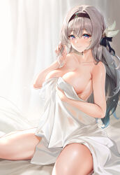 Rule 34 | 1girl, absurdres, bed, bed sheet, black hairband, blue hair, breasts, chanifge, cleavage, closed mouth, collarbone, colored tips, commentary request, covered, covered erect nipples, covering privates, firefly (honkai: star rail), grabbing own hair, gradient eyes, gradient hair, grey hair, hair between eyes, hair ornament, hairband, hand in own hair, highres, honkai: star rail, honkai (series), indoors, large breasts, long hair, looking at viewer, multicolored eyes, multicolored hair, naked sheet, nude, nude cover, on bed, paid reward available, sheet grab, sideboob, sitting, smile, solo, sweat, thighs