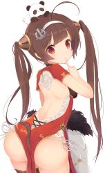 Rule 34 | 1girl, :o, ahoge, anchor hair ornament, ass, azur lane, back, backless dress, backless outfit, blunt bangs, blush, brown hair, china dress, chinese clothes, coat, unworn coat, dress, finger to mouth, from behind, fur trim, hair ornament, hairpods, highres, index finger raised, kagerou (shadowmage), leaning forward, looking at viewer, looking back, panties, parted lips, ping hai (azur lane), red dress, red eyes, ringed eyes, shiny skin, short sleeves, side-tie panties, simple background, solo, stuffed animal, stuffed panda, stuffed toy, tareme, twintails, underwear, white background, white panties